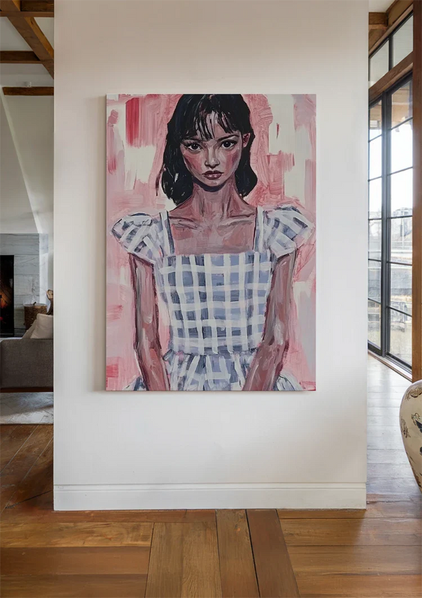 Girl in Blue Plaid Dress Pink Background Portrait Painting
