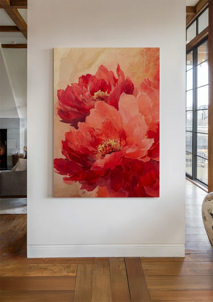 Red Peonies Warm Gold Background Floral Painting