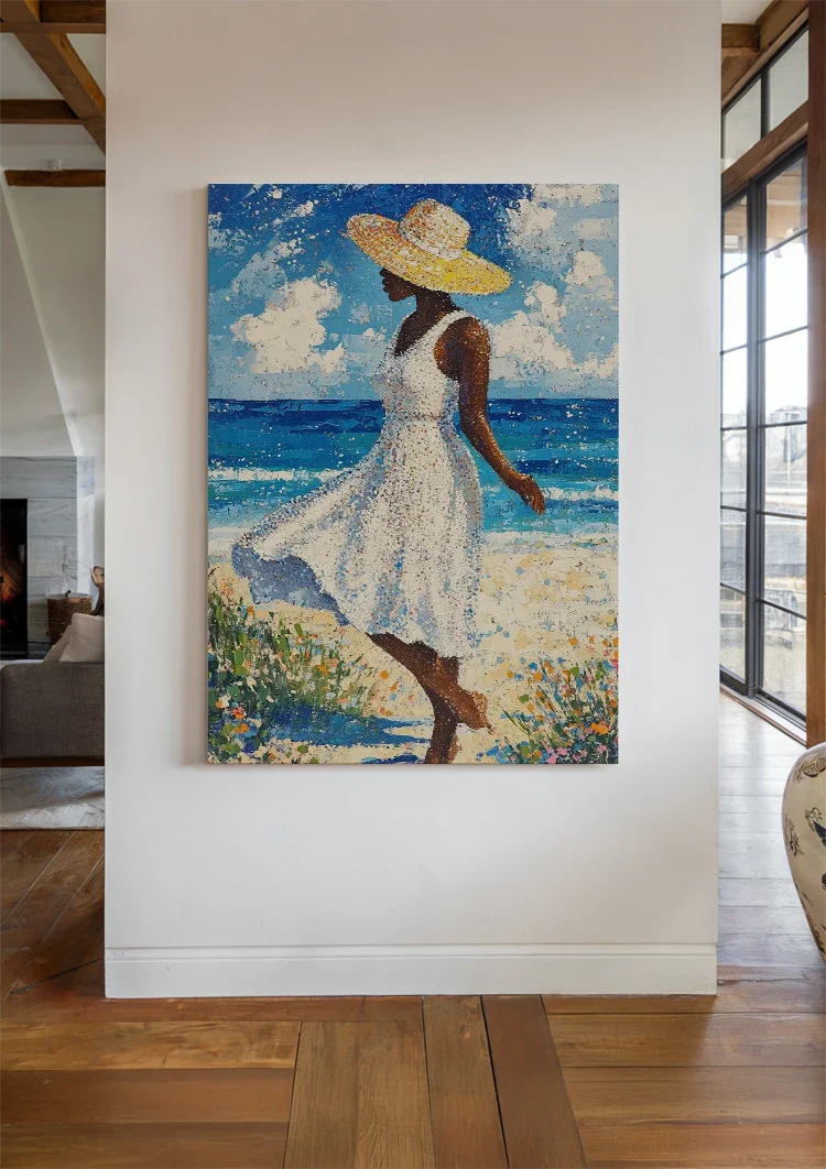 Woman White Dress Straw Hat Beach Blue Sea Abstract Painting