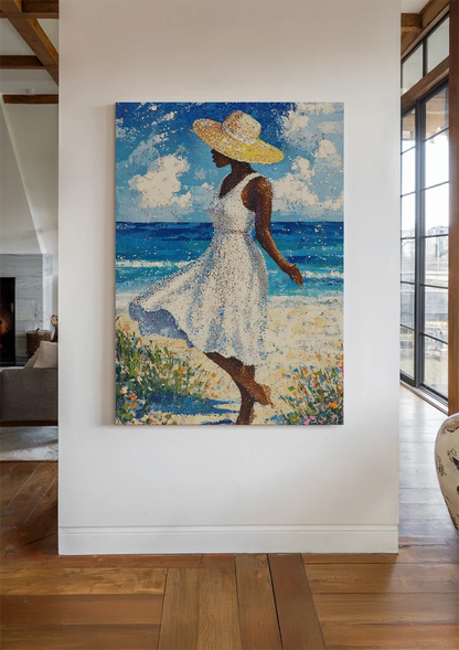 Woman White Dress Straw Hat Beach Blue Sea Abstract Painting