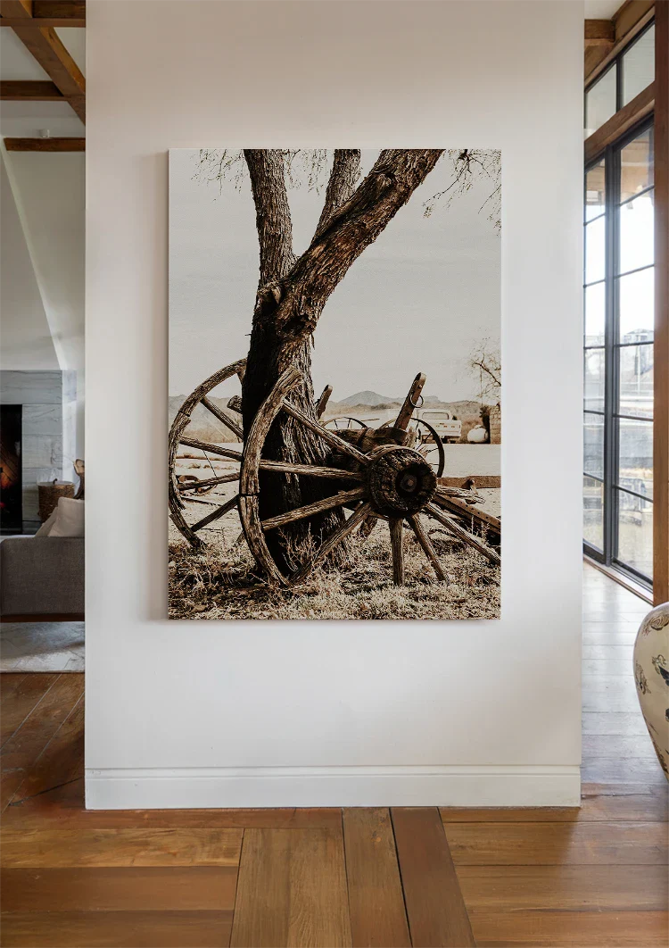 Old Wooden Wagon Wheel Tree Desert Vintage Rustic Painting
