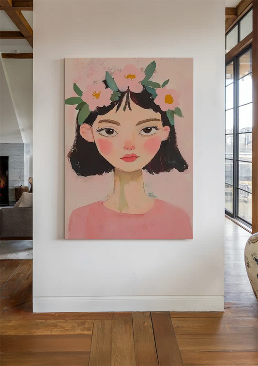 Mädchen mit Blumen im Haar Leinwandbild an der Wand im Flur