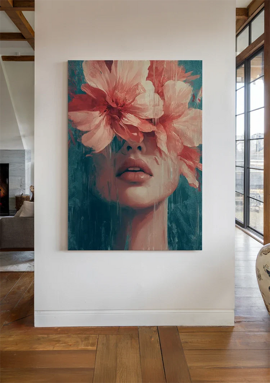 Frau mit rosa Blumen Leinwandbild an der Wand im Flur