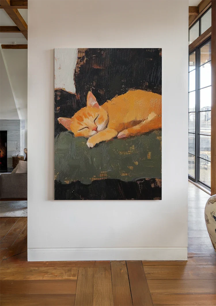 Schlafende orange Katze Dunkler Hintergrund Expressives Gemälde