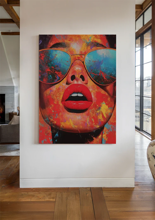Vrouw met zonnebril canvas schilderij boven het halkastje in de hal.