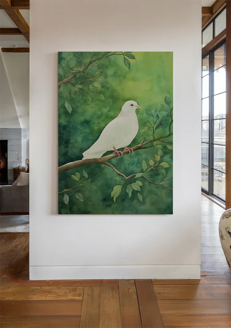Witte Duif op Tak Groene Bladeren Vredig Natuur Schilderij