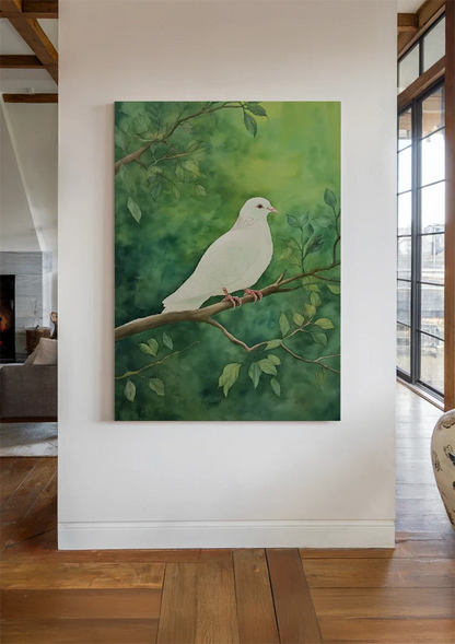 Witte Duif op Tak Groene Bladeren Vredig Natuur Schilderij