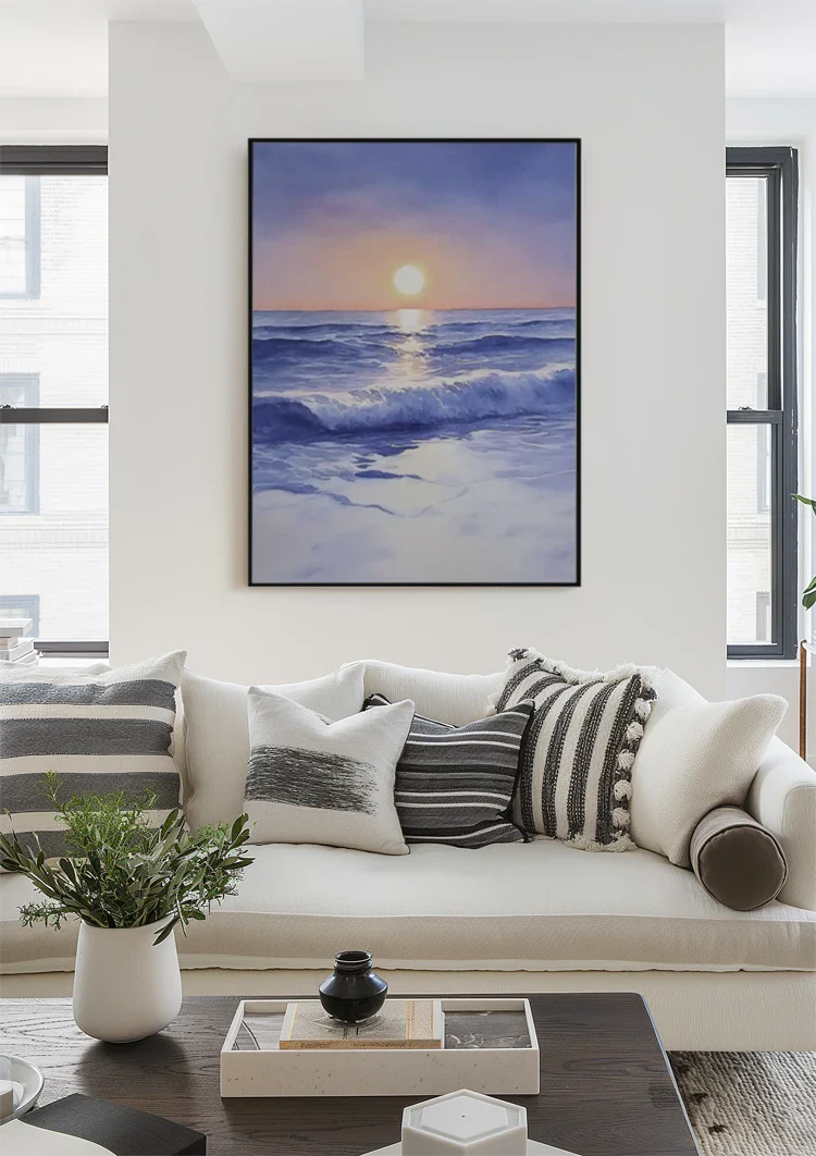 Aquarell Strand mit Wellen bei Sonnenuntergang Zarte Pastelltöne Gemälde