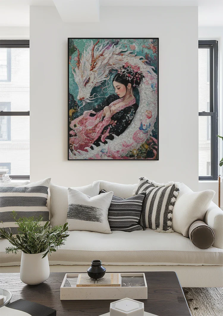 Japanese Woman With White Dragon Floral Kimono Painting