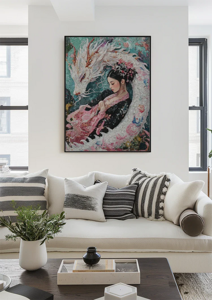 Japanese Woman With White Dragon Floral Kimono Painting
