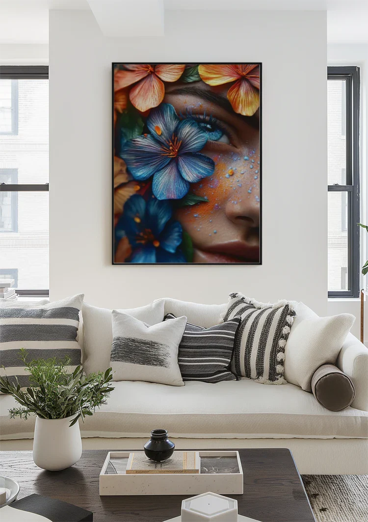 Exotic Female Portrait with Colorful Tropical Flowers Painting