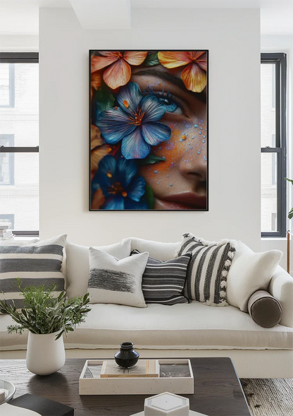 Exotic Female Portrait with Colorful Tropical Flowers Painting