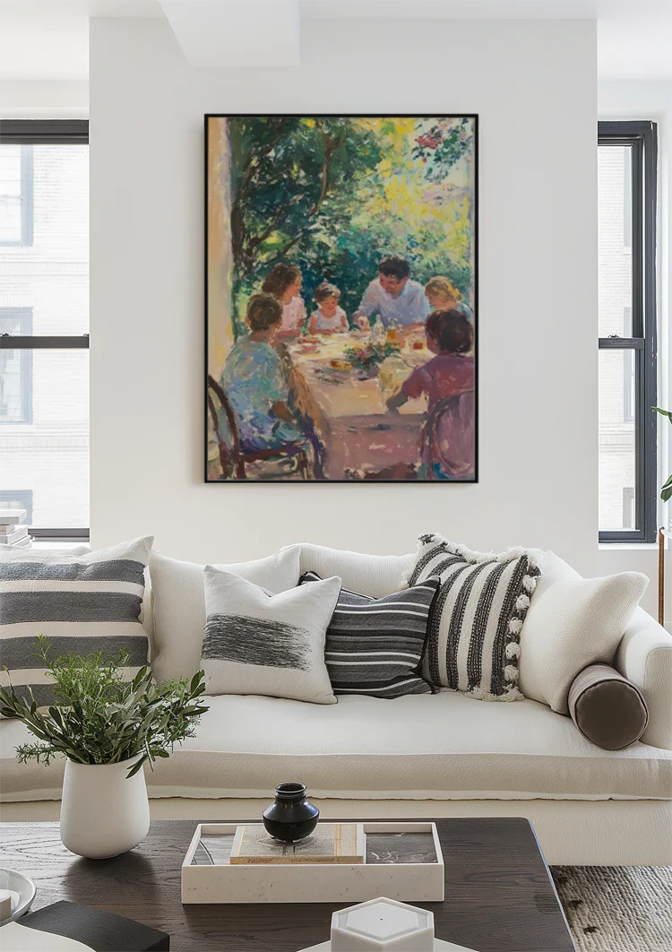 Familie Diner Buiten In Zonlicht Impressionistisch Schilderij