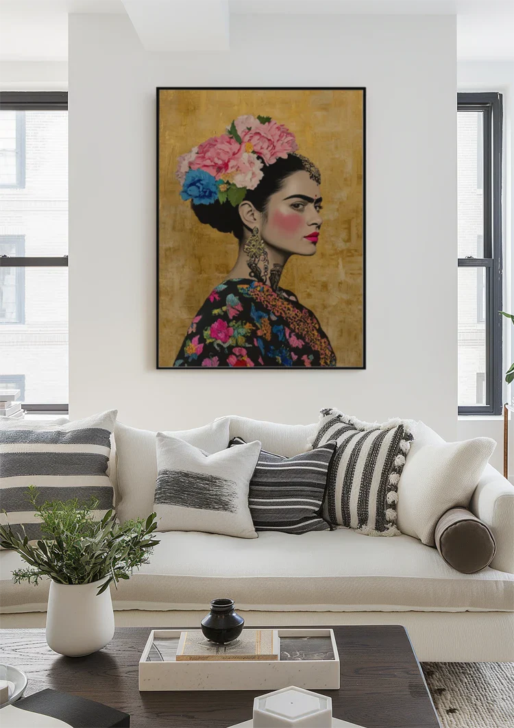 Woman Portrait Side Profile With Colorful Flowers Golden Background Painting