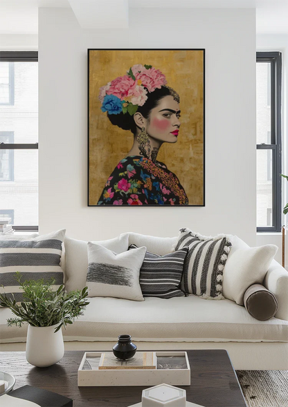 Woman Portrait Side Profile With Colorful Flowers Golden Background Painting