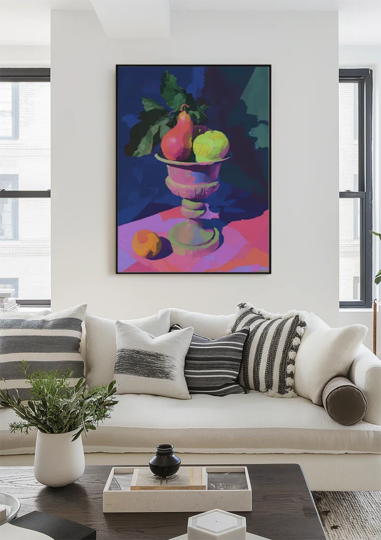 Neon Still Life with Pear and Apple in Classic Vase Painting