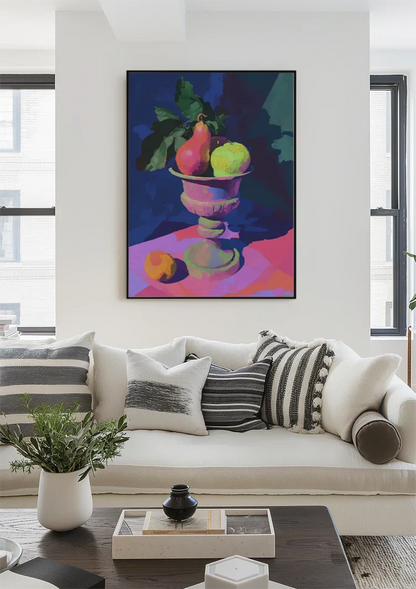 Neon Still Life with Pear and Apple in Classic Vase Painting
