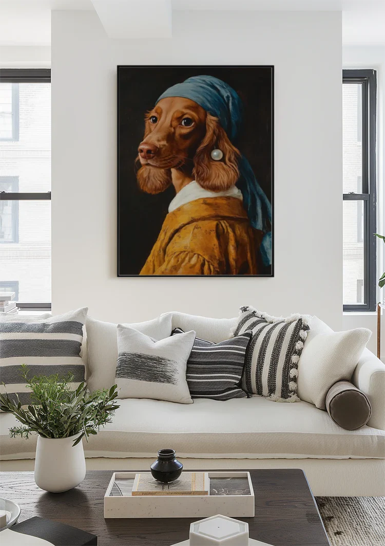 Hund mit Perle im Vermeer-Stil Blaues Kopftuch Lustiges Porträtgemälde