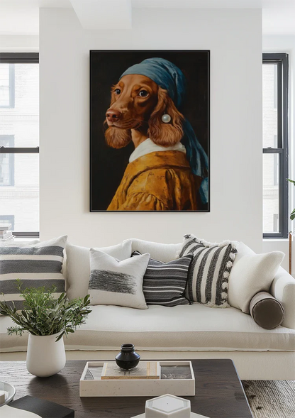Hund mit Perle im Vermeer-Stil Blaues Kopftuch Lustiges Porträtgemälde