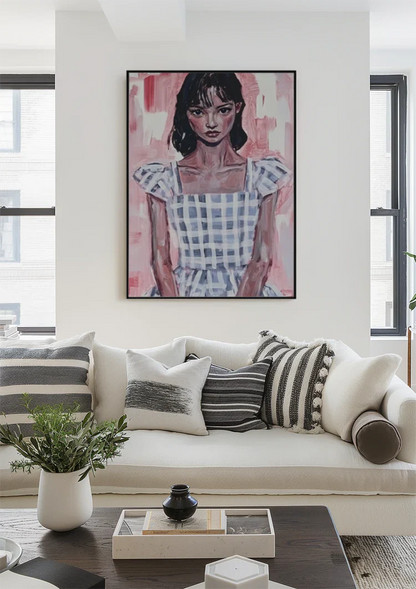 Girl in Blue Plaid Dress Pink Background Portrait Painting