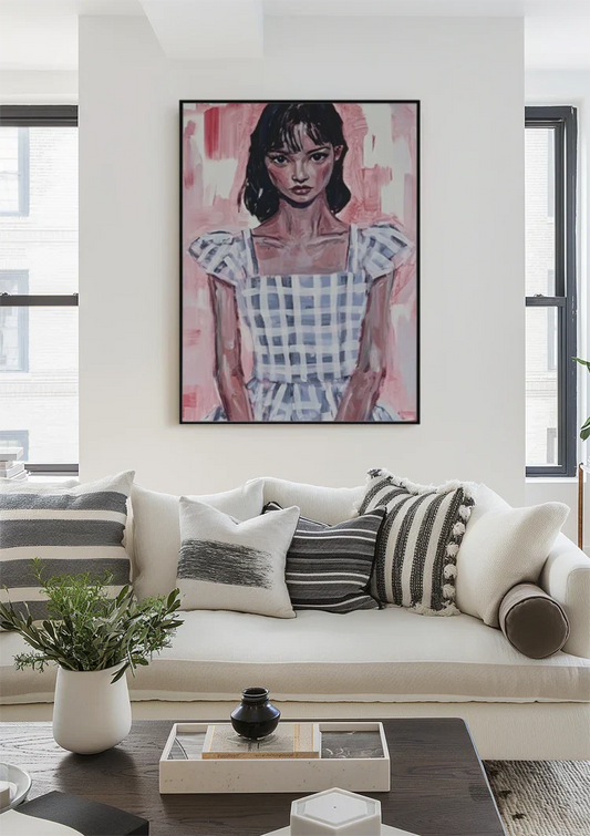Mädchen in einem karierten Kleid Leinwandbild an der Wand über dem Bett im Schlafzimmer