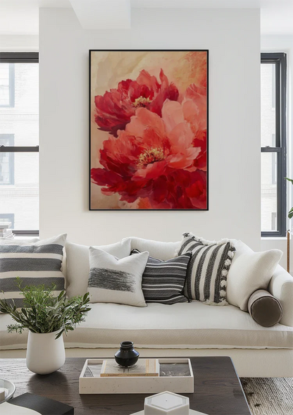 Red Peonies Warm Gold Background Floral Painting