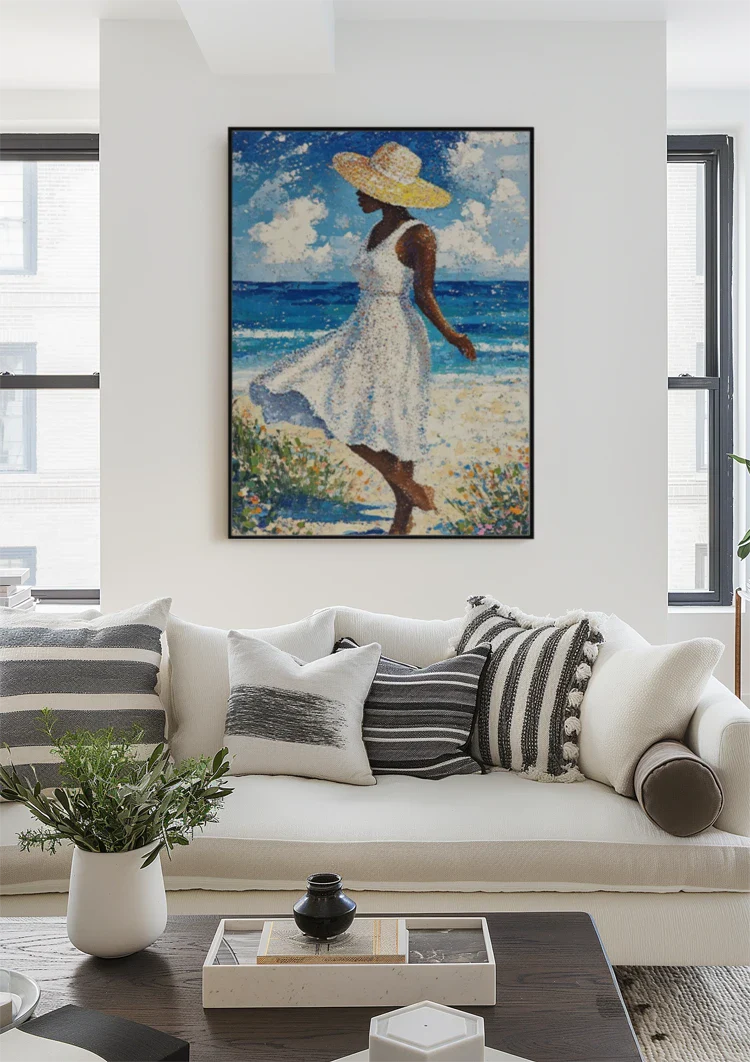Woman White Dress Straw Hat Beach Blue Sea Abstract Painting