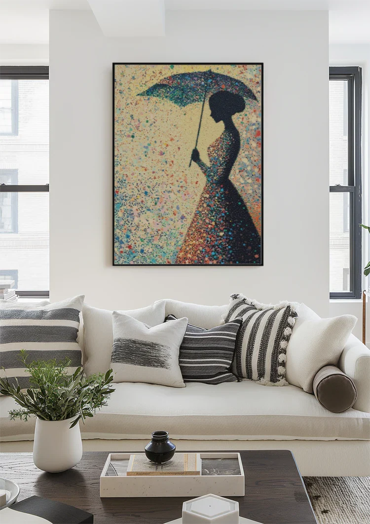 Woman with Umbrella Colorful Raindrops Silhouette Painting