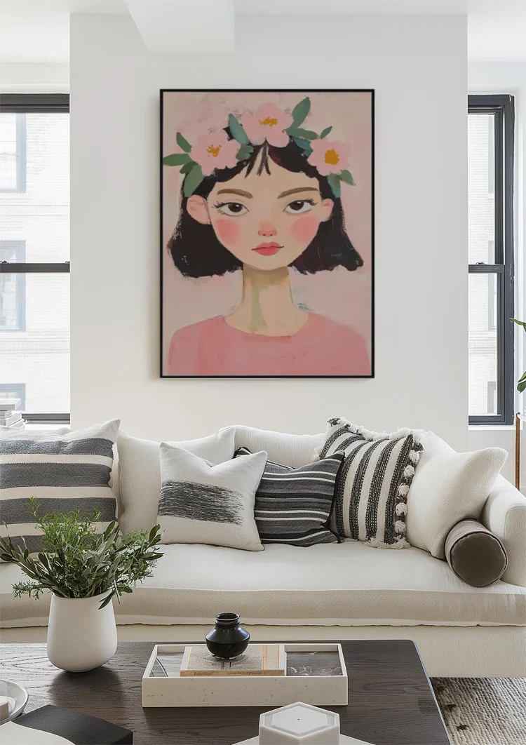 Girl with Flowers in Her Hair Pink Background Portrait Painting