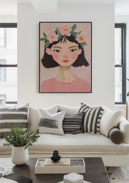 Girl with Flowers in Her Hair Pink Background Portrait Painting