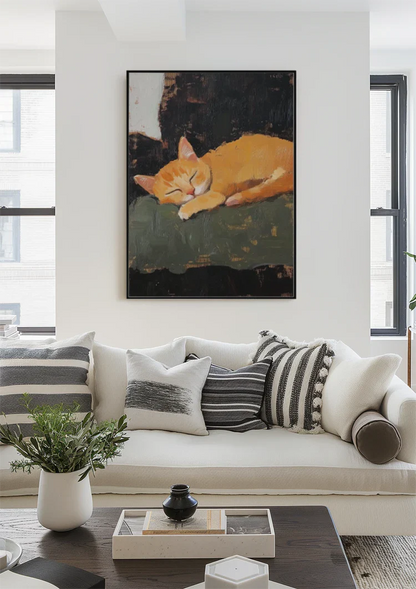 Schlafende orange Katze Dunkler Hintergrund Expressives Gemälde