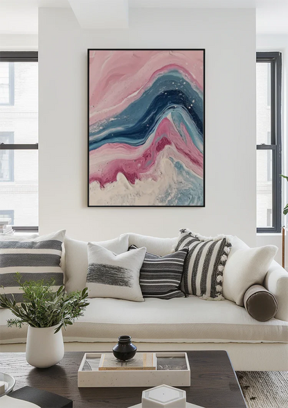 Abstract Wave Movements Pink Blue Liquid Art Marble Style Painting