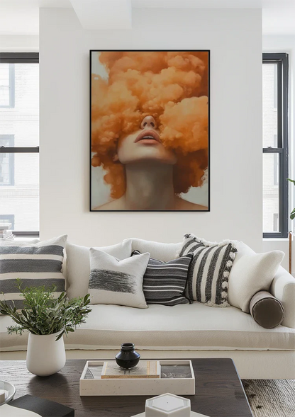 Woman Orange Smoke Cloud Surreal Portrait Painting