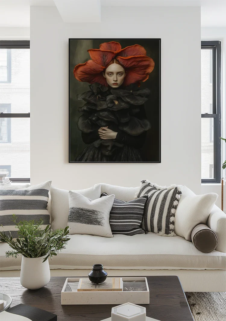 Woman Big Red Flower Hat Black Dress Surreal Portrait Painting