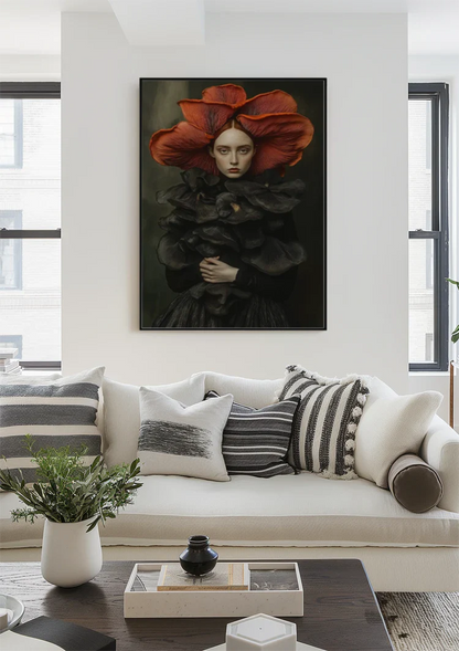 Woman Big Red Flower Hat Black Dress Surreal Portrait Painting