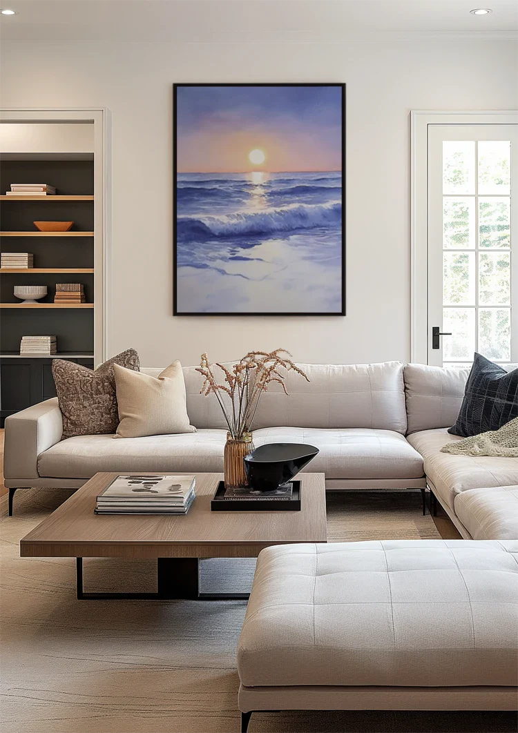 Aquarell Strand mit Wellen bei Sonnenuntergang Zarte Pastelltöne Gemälde