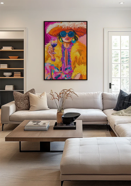 Extravagante vrouw canvas schilderij aan de muur boven het bed in de slaapkamer