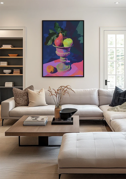 Neon Still Life with Pear and Apple in Classic Vase Painting