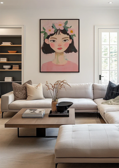 Girl with Flowers in Her Hair Pink Background Portrait Painting