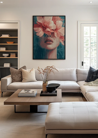 Woman with Pink Flowers Turquoise Background Portrait Painting