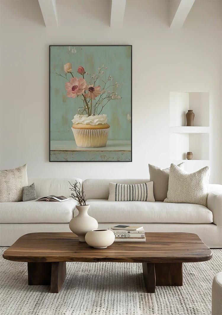 Cupcake Met Roze Bloemen Mint Achtergrond Romantisch Pastel Schilderij