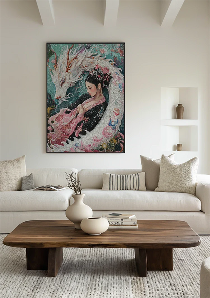 Japanese Woman With White Dragon Floral Kimono Painting