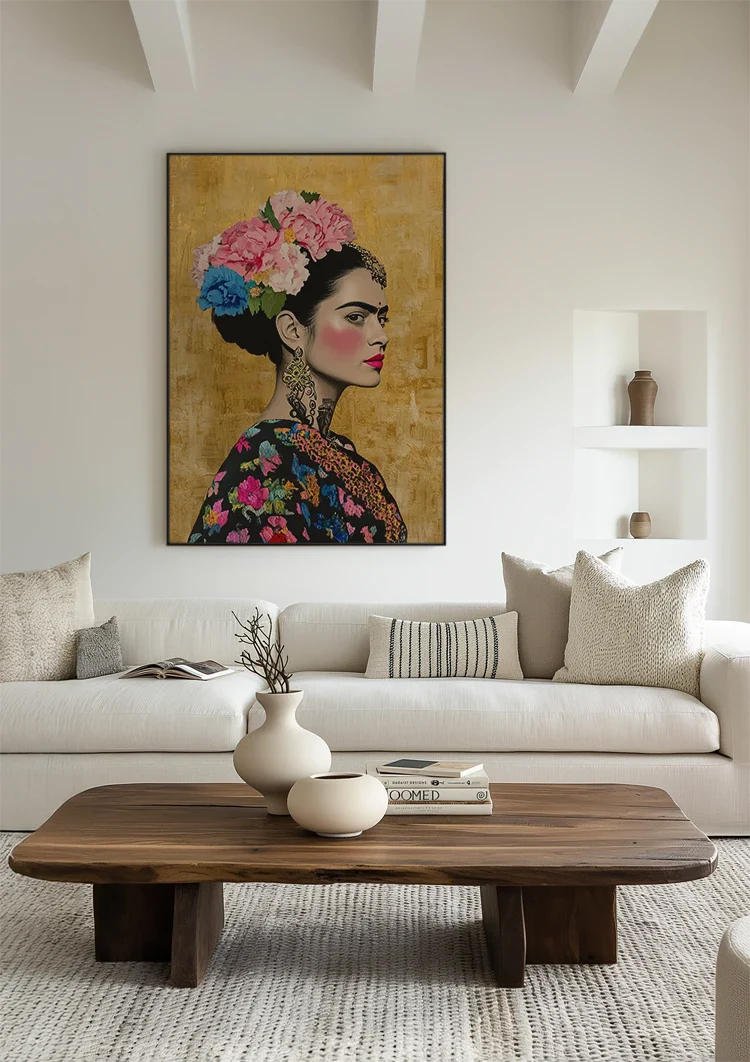 Woman Portrait Side Profile With Colorful Flowers Golden Background Painting