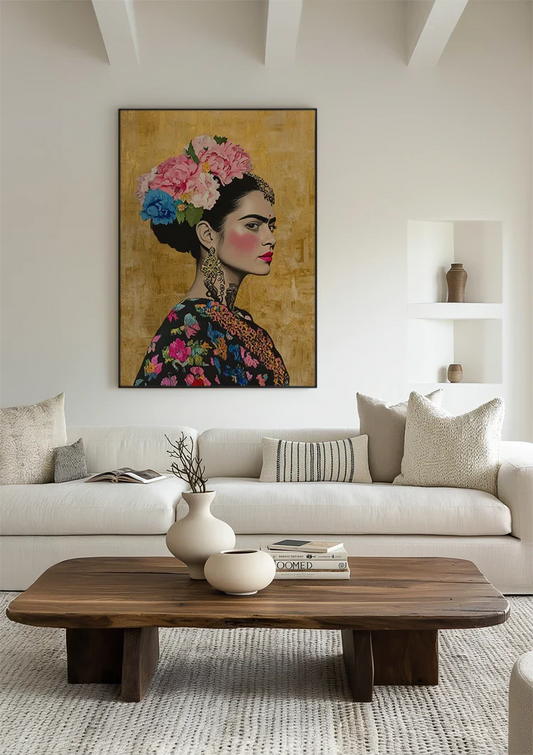 Vrouwenportret Zijprofiel Met Kleurrijke Bloemen Gouden Achtergrond Canvas Schilderij