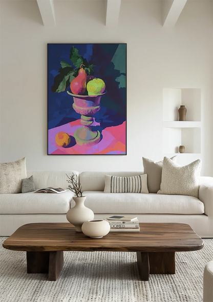 Neon Still Life with Pear and Apple in Classic Vase Painting