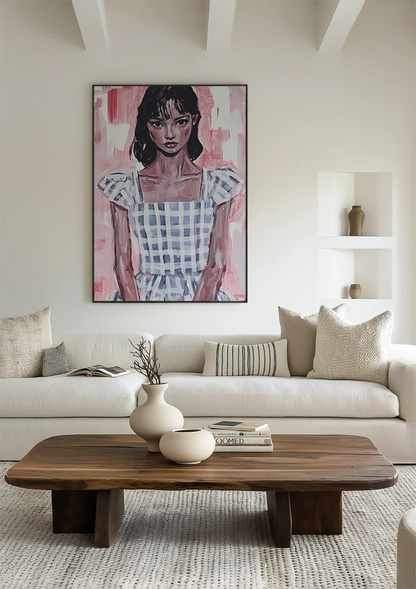 Girl in Blue Plaid Dress Pink Background Portrait Painting