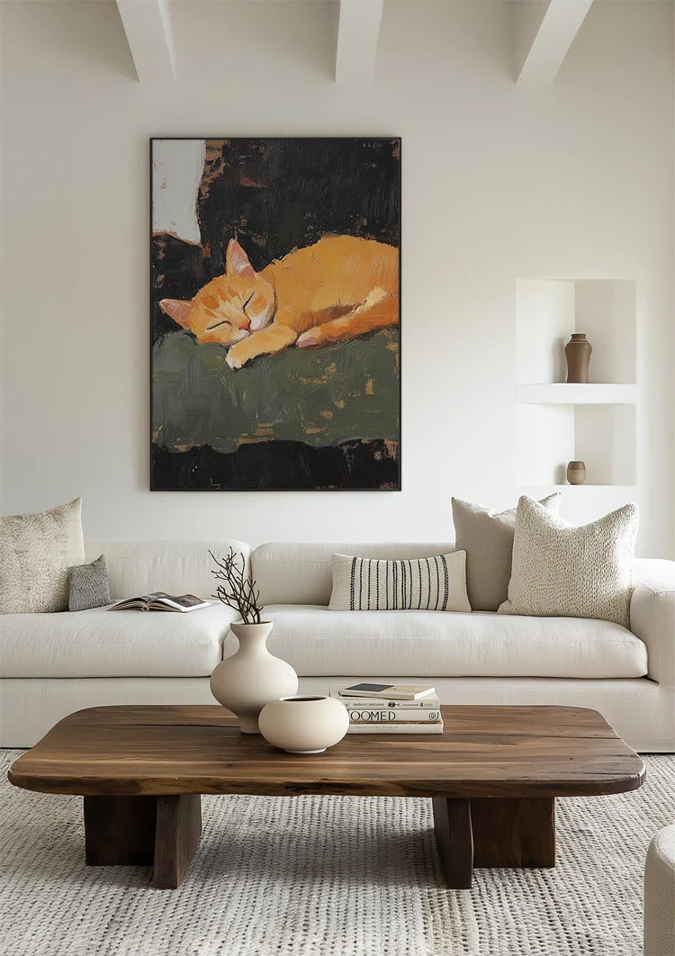 Schlafende orange Katze Dunkler Hintergrund Expressives Gemälde