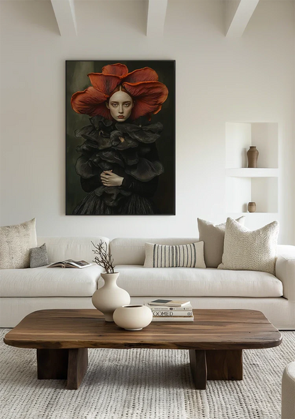 Woman Big Red Flower Hat Black Dress Surreal Portrait Painting