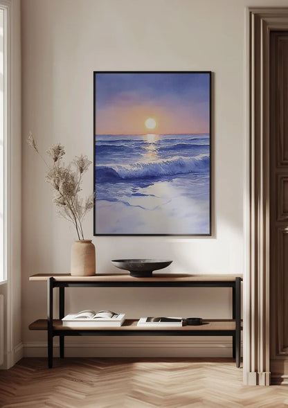 Aquarell Strand mit Wellen bei Sonnenuntergang Zarte Pastelltöne Gemälde