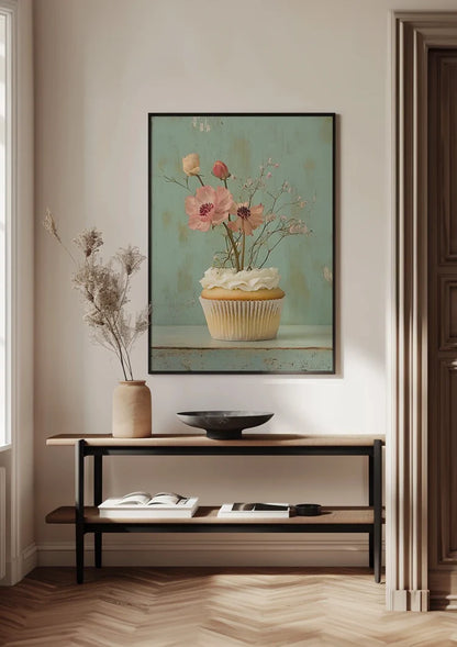 Cupcake Met Roze Bloemen Mint Achtergrond Romantisch Pastel Schilderij